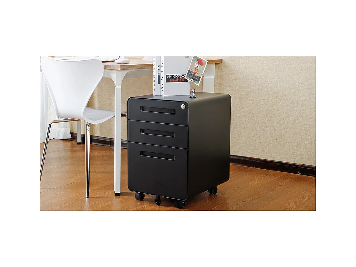 Armoire à dossiers mobile à 3 tiroirs conception à 5 roulettes anti-basculement acier laminé à froid étanche et résistant à l'humidité noir