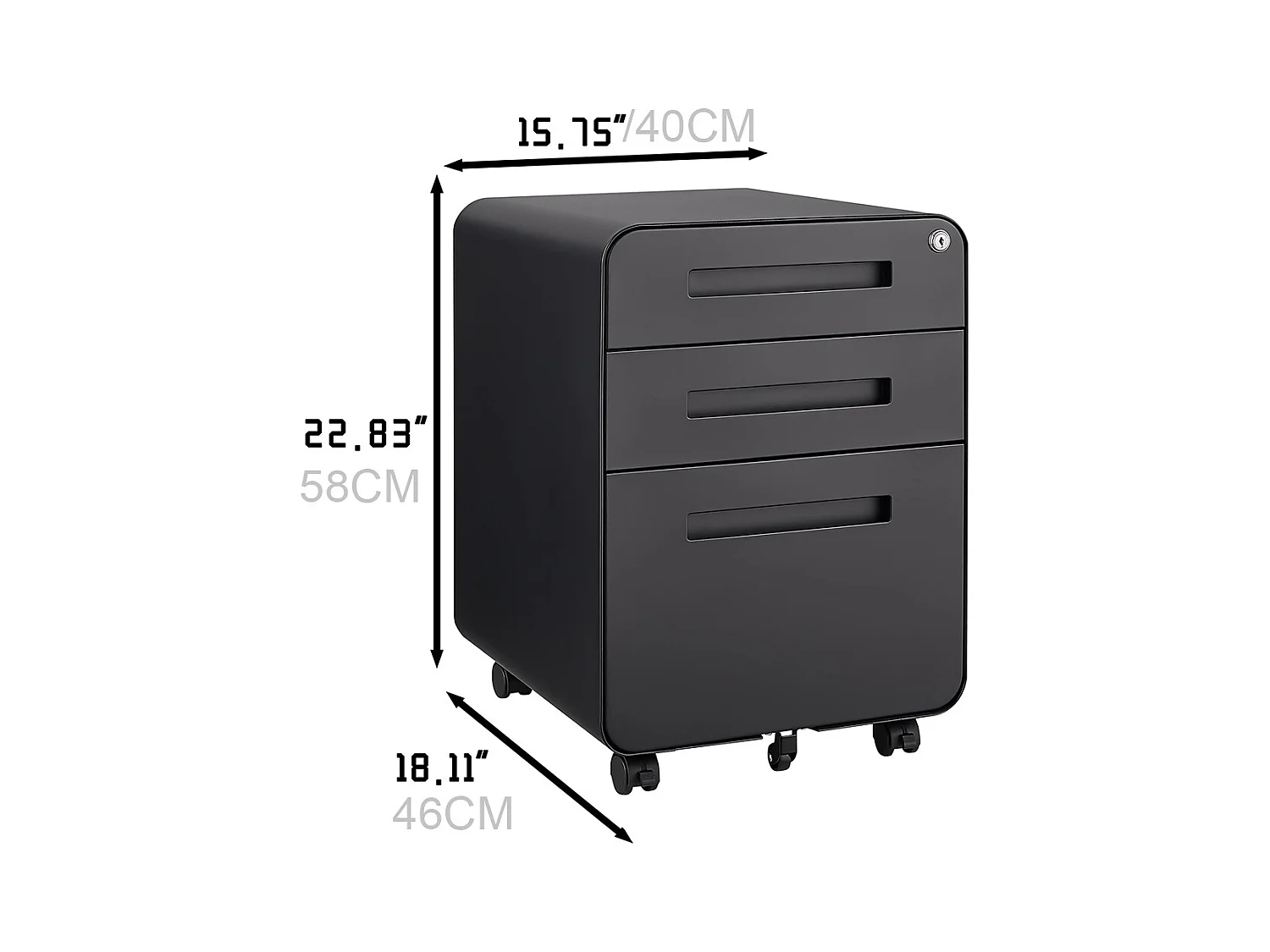 Armoire à dossiers mobile à 3 tiroirs conception à 5 roulettes anti-basculement acier laminé à froid étanche et résistant à l'humidité noir