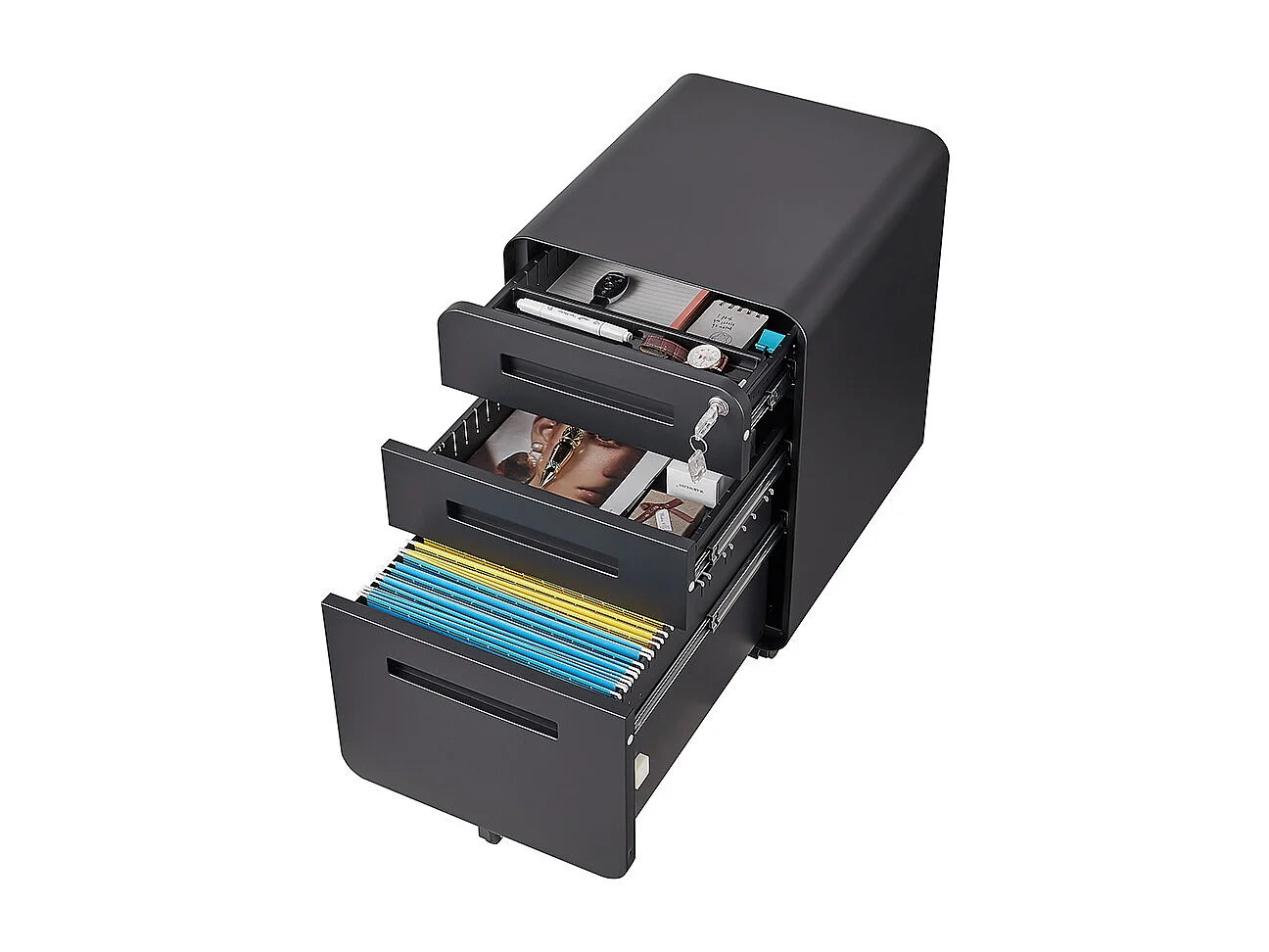 Verrijdbare archiefkast met 3 laden ontwerp met 5 anti-kantelwielen koudgewalst staal, waterdicht en vochtbestendig zwart