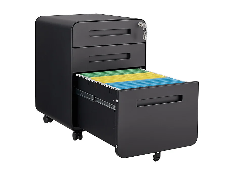 Verrijdbare archiefkast met 3 laden ontwerp met 5 anti-kantelwielen koudgewalst staal, waterdicht en vochtbestendig zwart