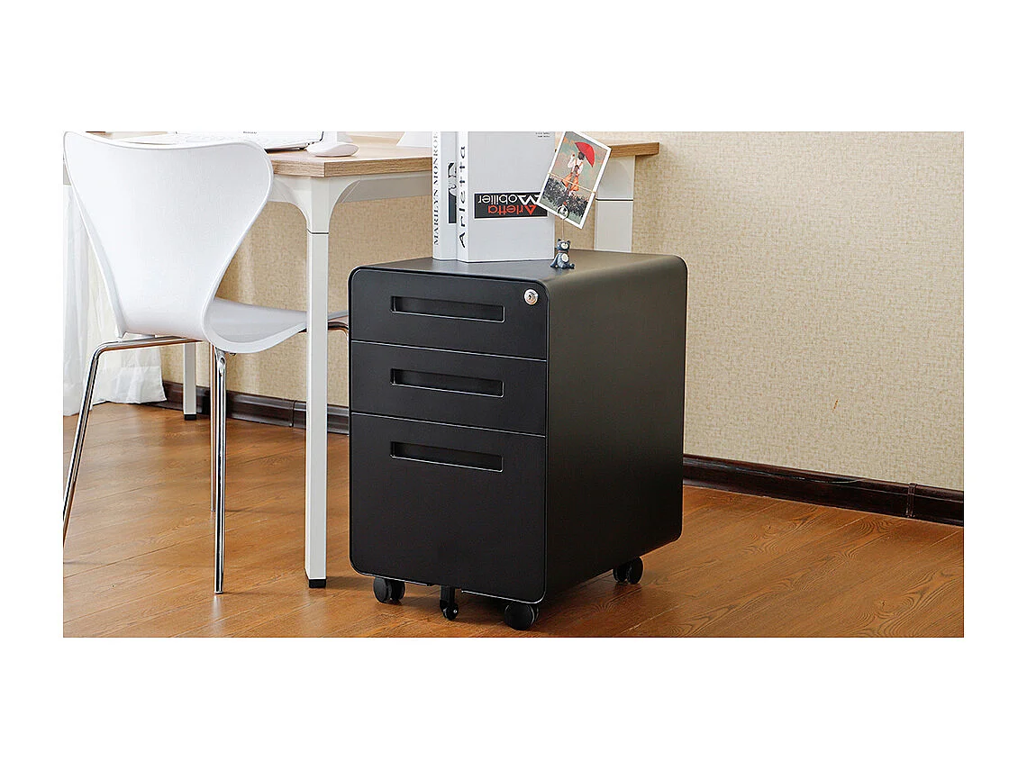 Verrijdbare archiefkast met 3 laden ontwerp met 5 anti-kantelwielen koudgewalst staal, waterdicht en vochtbestendig zwart