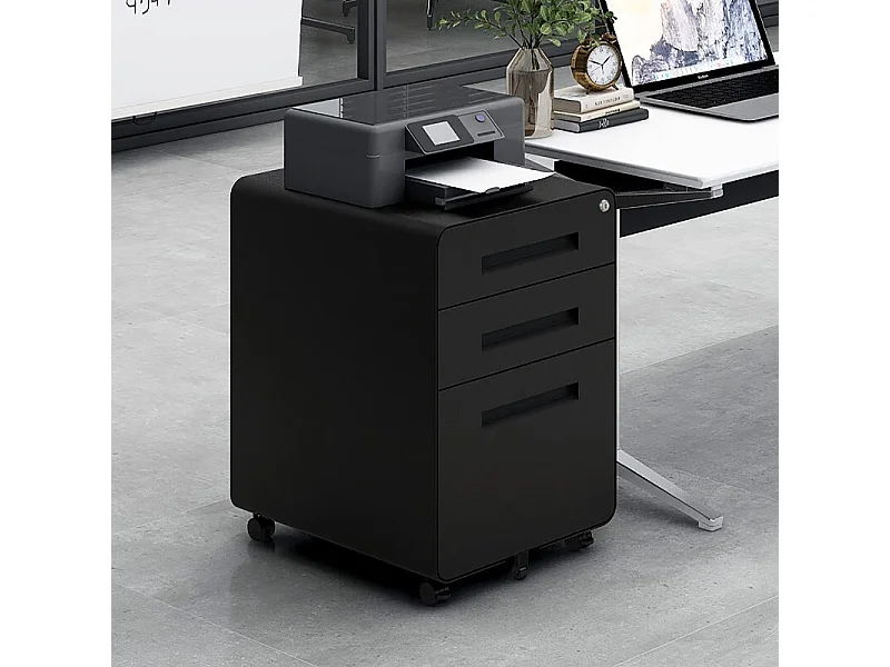 Armoire à dossiers mobile à 3 tiroirs conception à 5 roulettes anti-basculement acier laminé à froid étanche et résistant à l'humidité noir