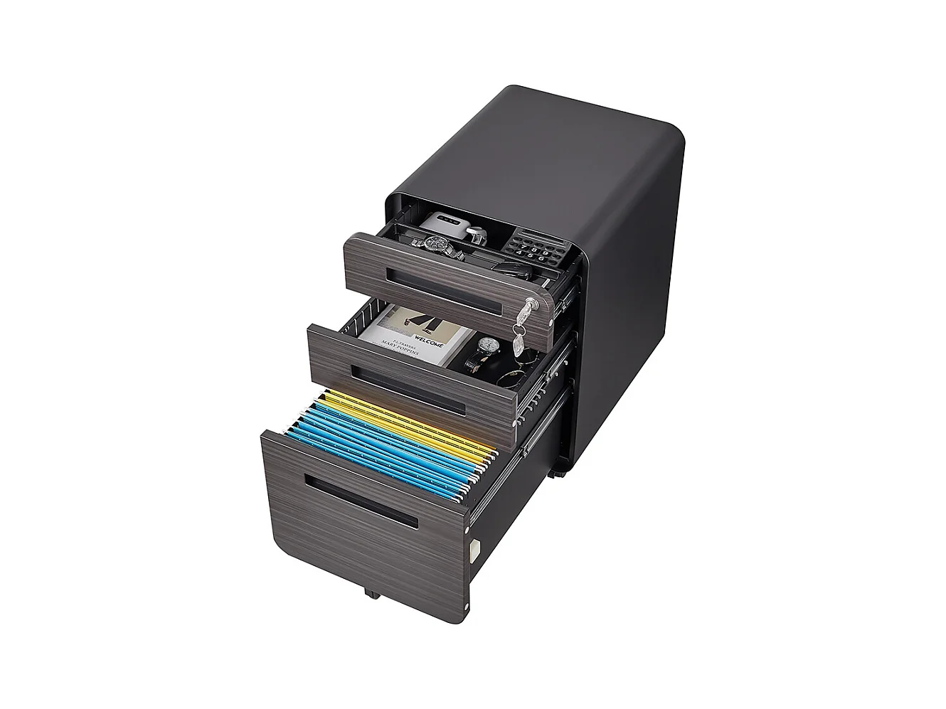 Classeur mobile à 3 tiroirs rangement polyvalent conception à 5 roulettes anti-basculement acier laminé à froid étanche et résistant à l'humidité noir