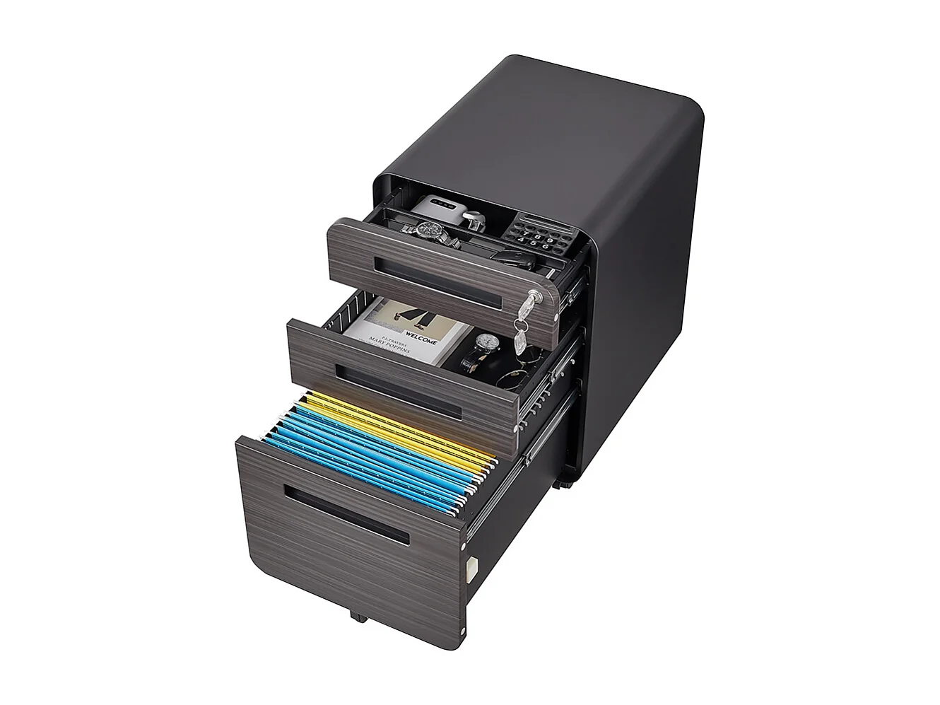 Verrijdbare ordner met 3 laden, veelzijdige opbergruimte, ontwerp met 5 wielen, kantelveilig, koudgewalst staal, waterdicht en vochtbestendig, zwart