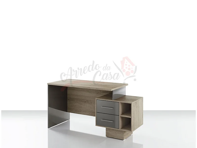 Scrivania da ufficio con ripiano e due cassetti effetto legno 148x75 rovere e grigio lucido SUI5