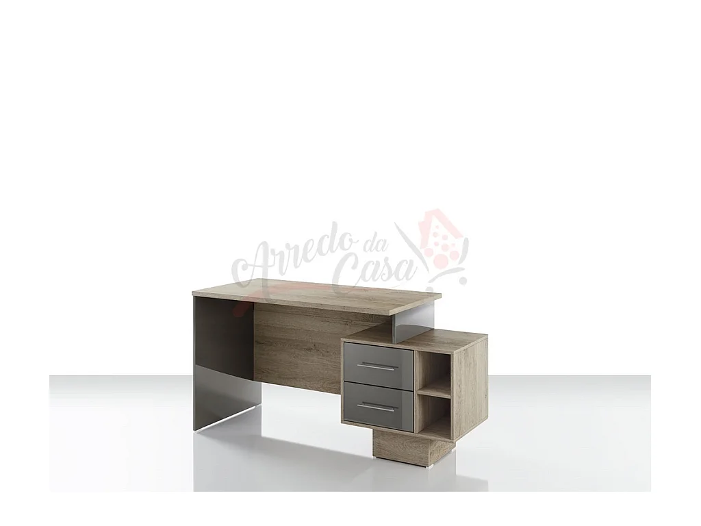 Scrivania da ufficio con ripiano e due cassetti effetto legno 148x75 rovere e grigio lucido SUI5