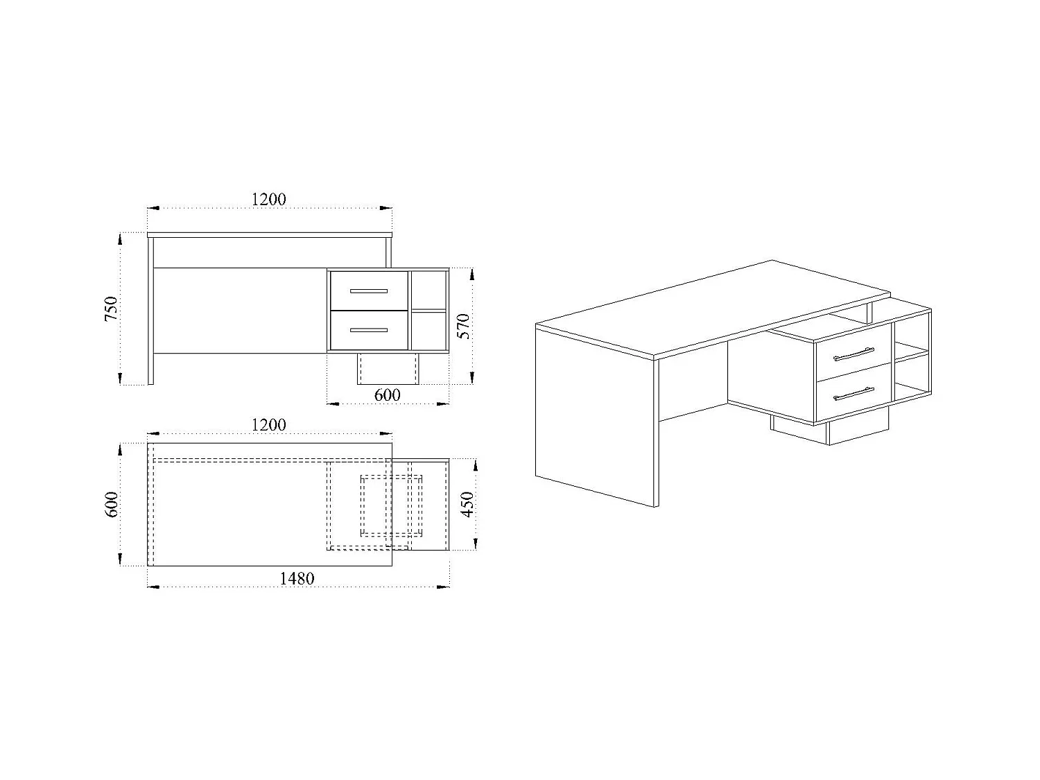 Scrivania da ufficio con ripiano e due cassetti effetto legno 148x75 rovere e grigio lucido SUI5