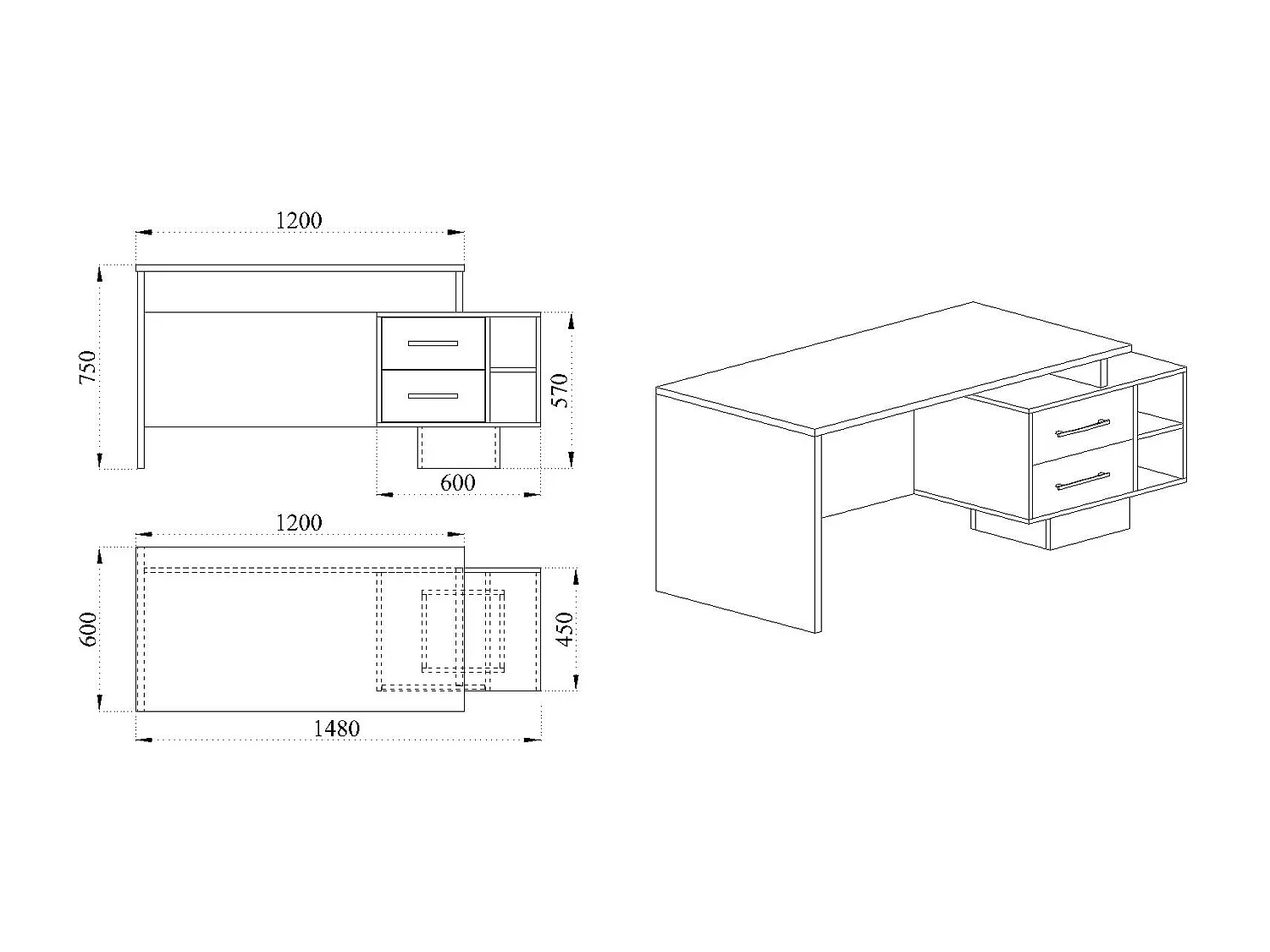 Scrivania da ufficio con ripiano e due cassetti effetto legno 148x75 rovere e grigio lucido SUI5