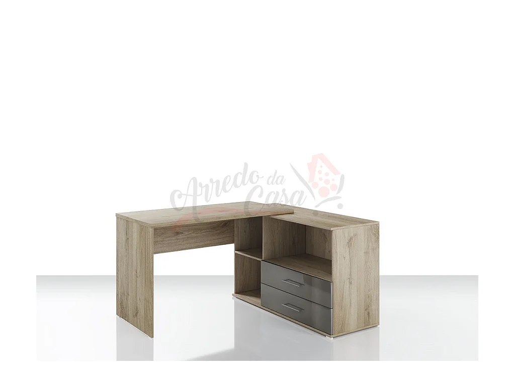 Scrivania angolare per ufficio con ripiano e due cassetti 120x75 rovere e grigio lucido SUI6