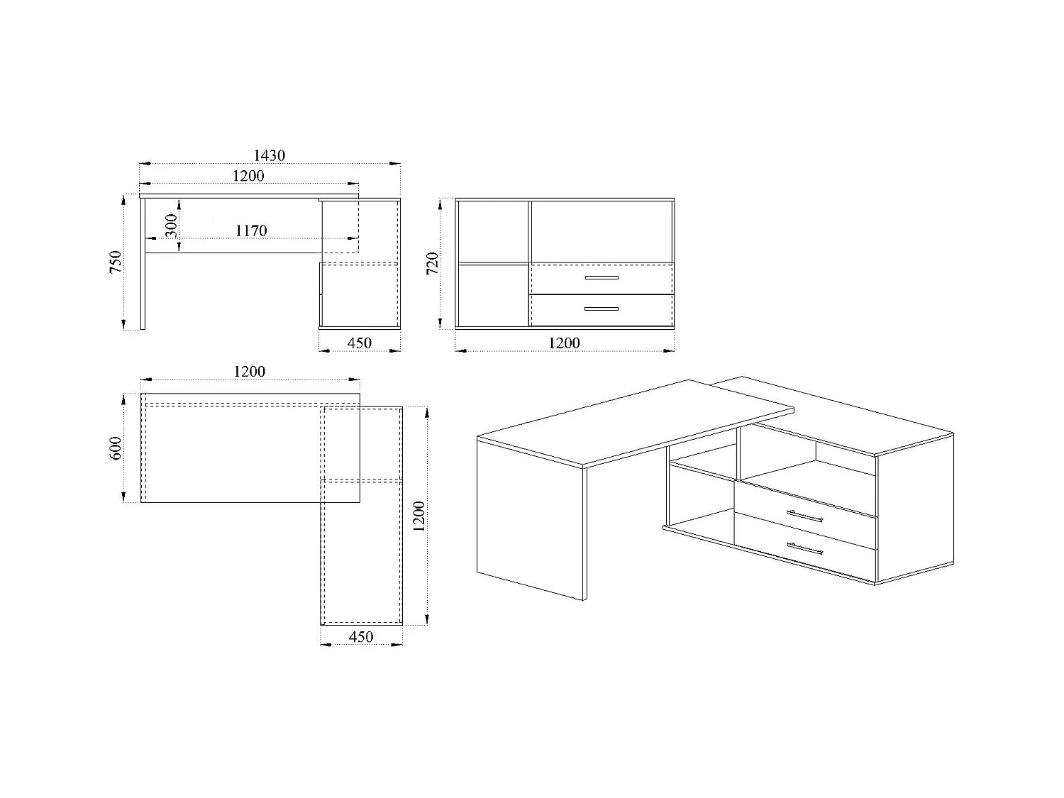 Scrivania angolare per ufficio con ripiano e due cassetti 120x75 rovere e grigio lucido SUI6