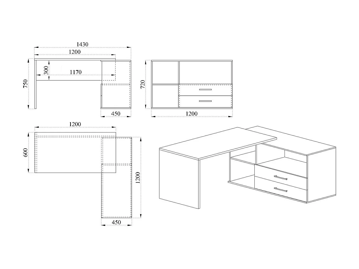 Scrivania angolare per ufficio con ripiano e due cassetti 120x75 rovere e grigio lucido SUI6