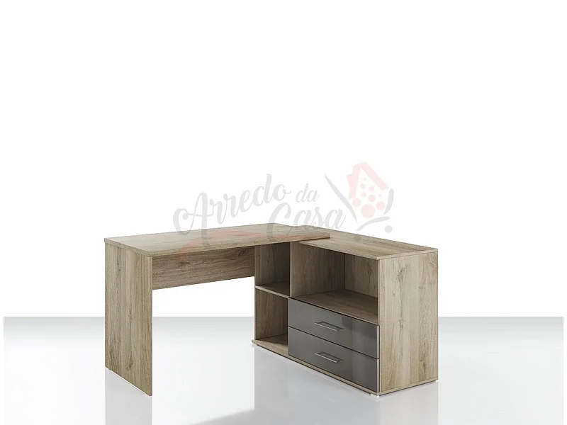 Scrivania angolare per ufficio con ripiano e due cassetti 120x75 rovere e grigio lucido SUI6