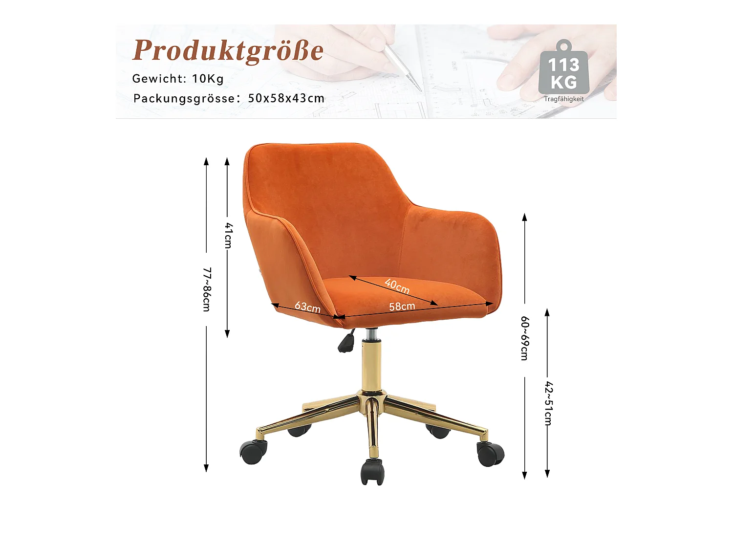 Fauteuil de bureau 360°pivotante et réglable en hauteur avec roulettes - orange