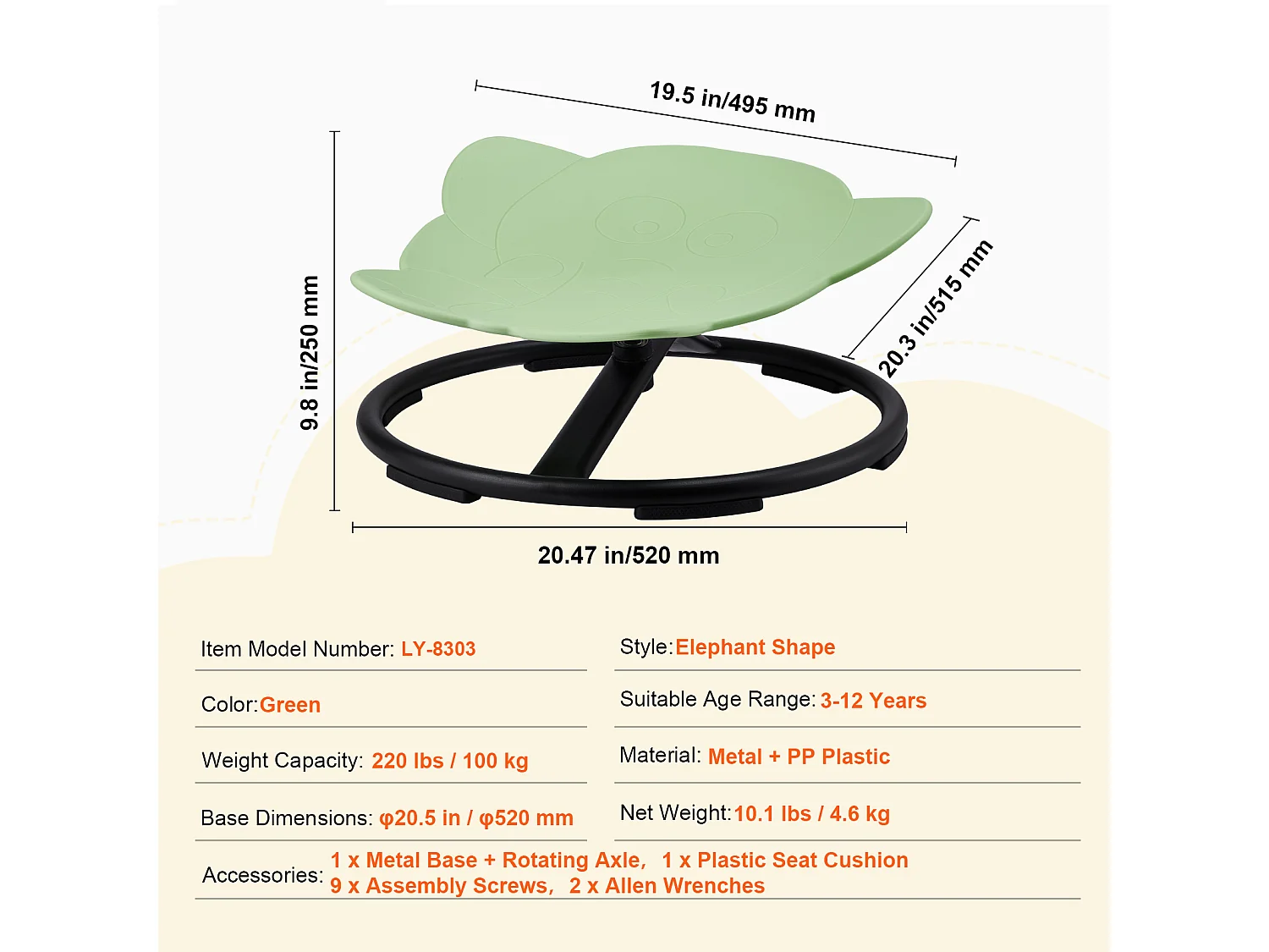 Sedia Girevole per Bambini SucceBuy Elefante, Capacità 100 kg, Sedia Girevole Sensoriale Verde