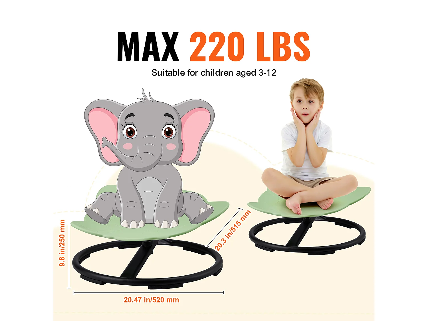 Sedia Girevole per Bambini SucceBuy Elefante, Capacità 100 kg, Sedia Girevole Sensoriale Verde