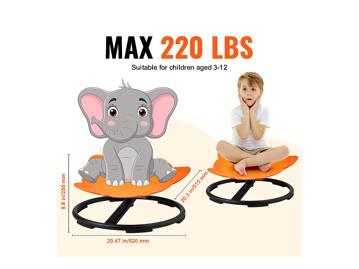 Chaise Pivotante pour Enfants SucceBuy Éléphant, D'une Capacité de 100 kg, une Chaise Pivotante Sensorielle en orange