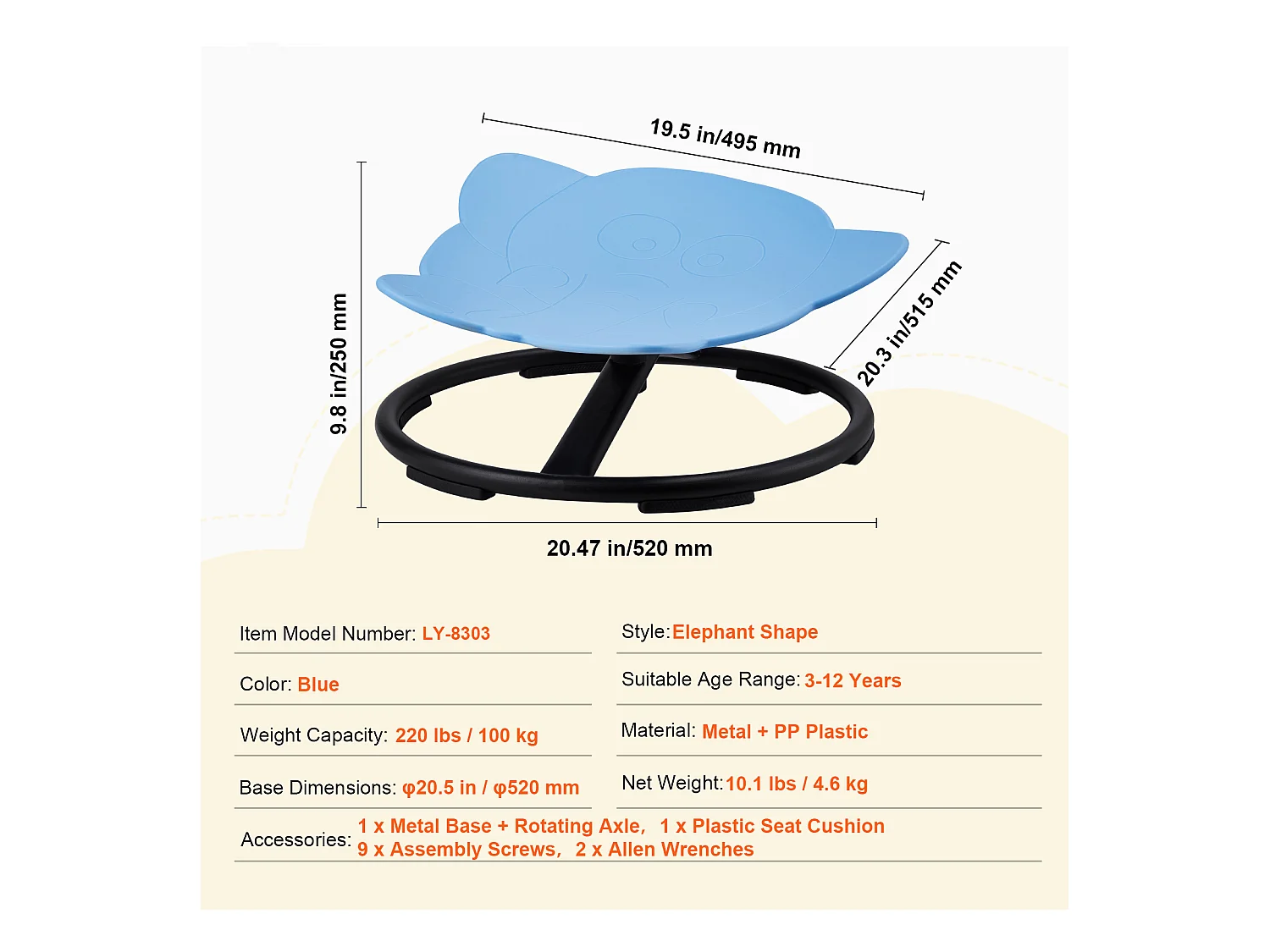 Chaise Pivotante pour Enfants SucceBuy Éléphant, D'une Capacité de 100 kg, une Chaise Pivotante Sensorielle en Bleu