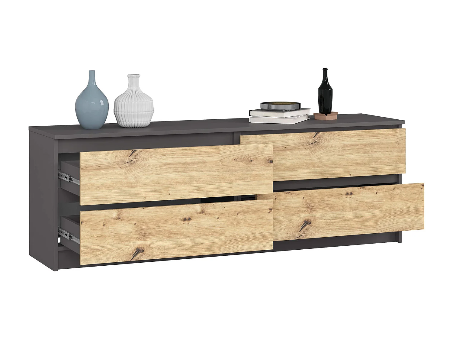 Grande Commode pour le salon AKORD K160 Gris Graphite 160 cm 4 tiroirs façade Chêne Artisan 160x40x55 cm