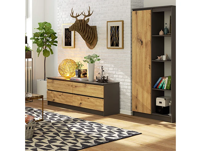 Ladekast K160 met 4 Lades / AKORD Furniture Factory / Grafietgrijs - Artisan Eik / 160 x 55 x 40 cm