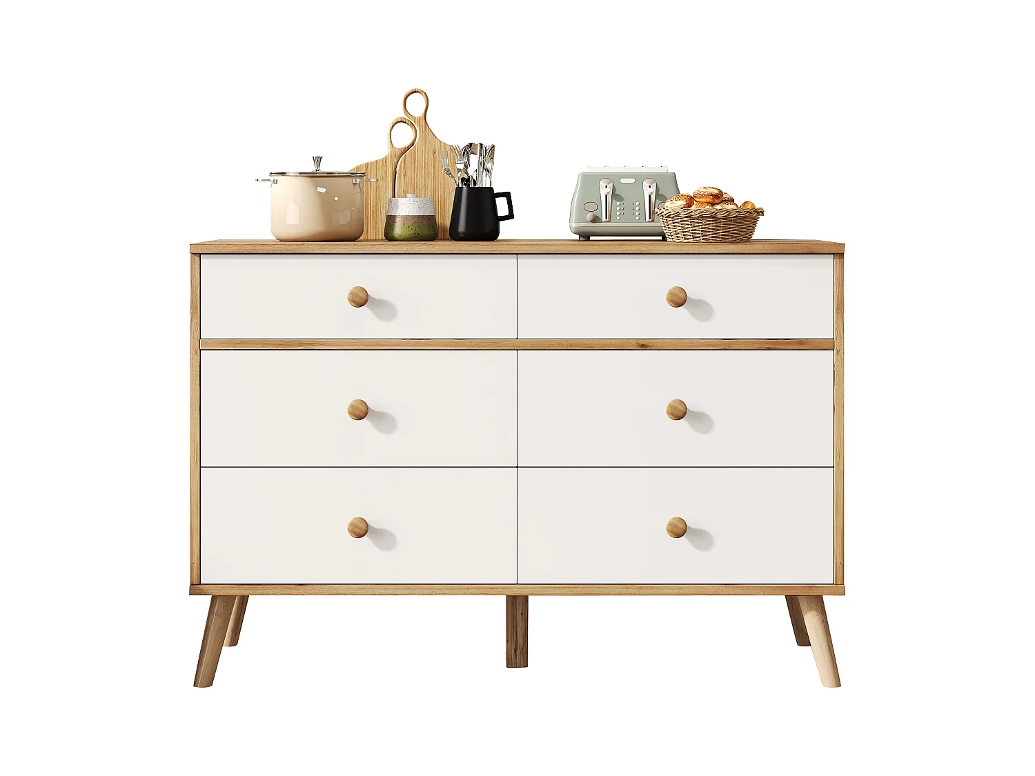 Commode moderne à 6 tiroirs - 116 x 40 x 80 cm - table de salon - pour salon + chambre ou l'entrée - aggloméré - naturel