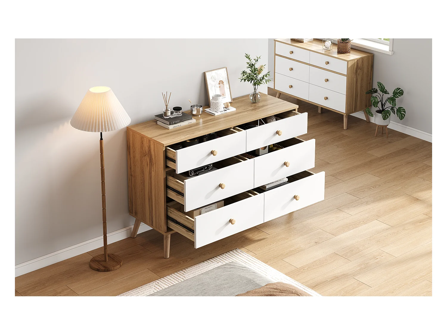 Commode moderne à 6 tiroirs - 116 x 40 x 80 cm - table de salon - pour salon + chambre ou l'entrée - aggloméré - naturel