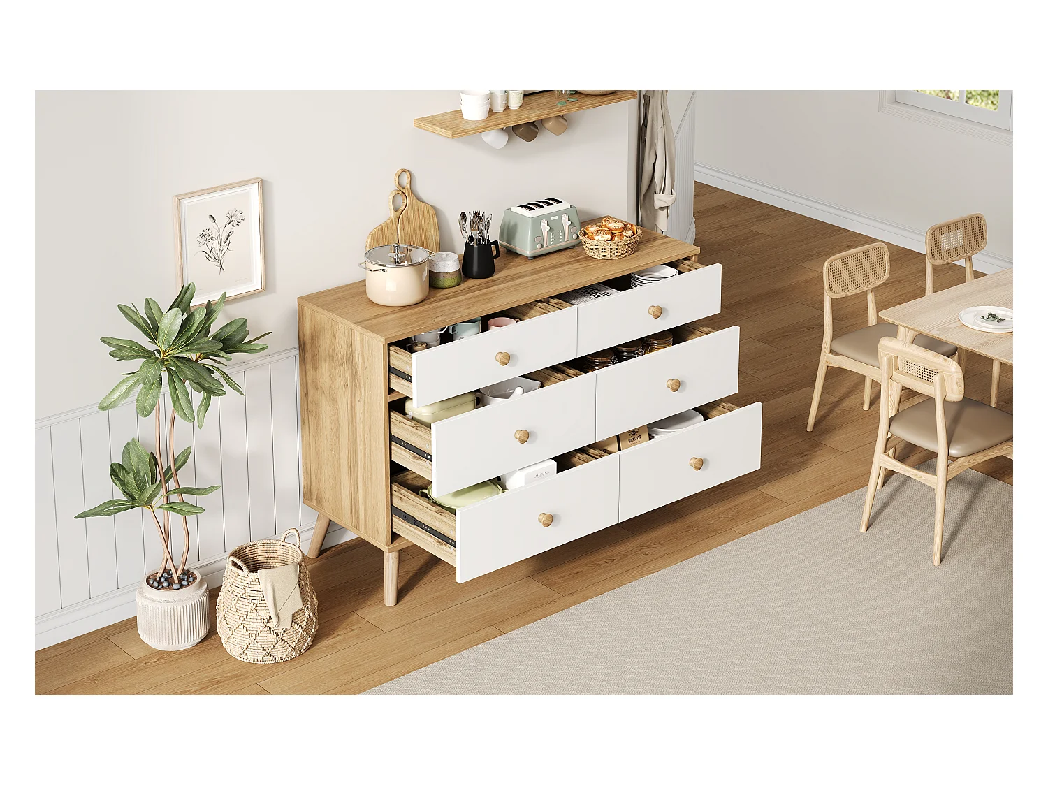 Commode moderne à 6 tiroirs - 116 x 40 x 80 cm - table de salon - pour salon + chambre ou l'entrée - aggloméré - naturel