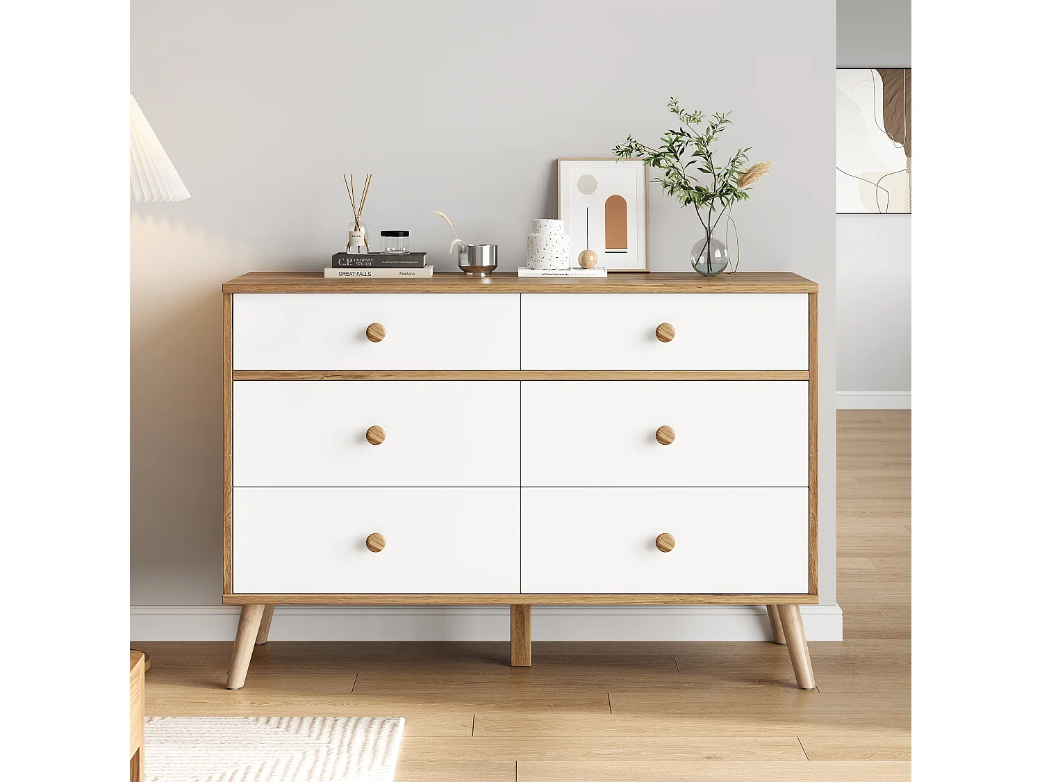 Commode moderne à 6 tiroirs - 116 x 40 x 80 cm - table de salon - pour salon + chambre ou l'entrée - aggloméré - naturel