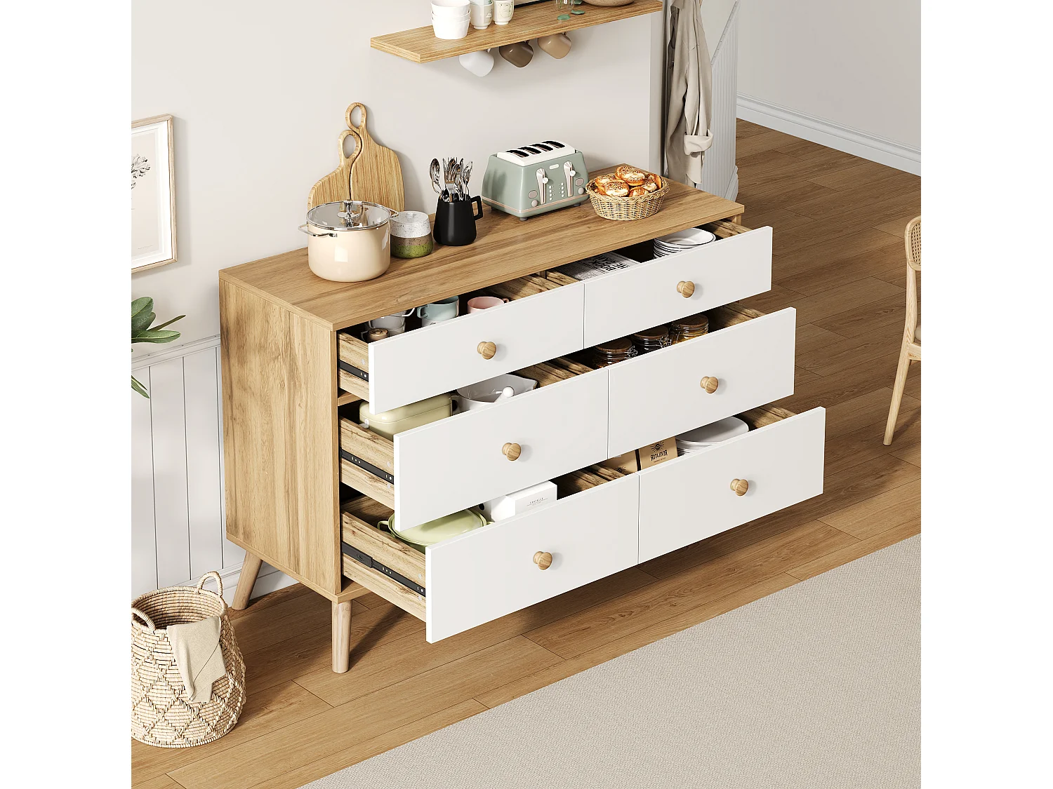 Commode moderne à 6 tiroirs - 116 x 40 x 80 cm - table de salon - pour salon + chambre ou l'entrée - aggloméré - naturel
