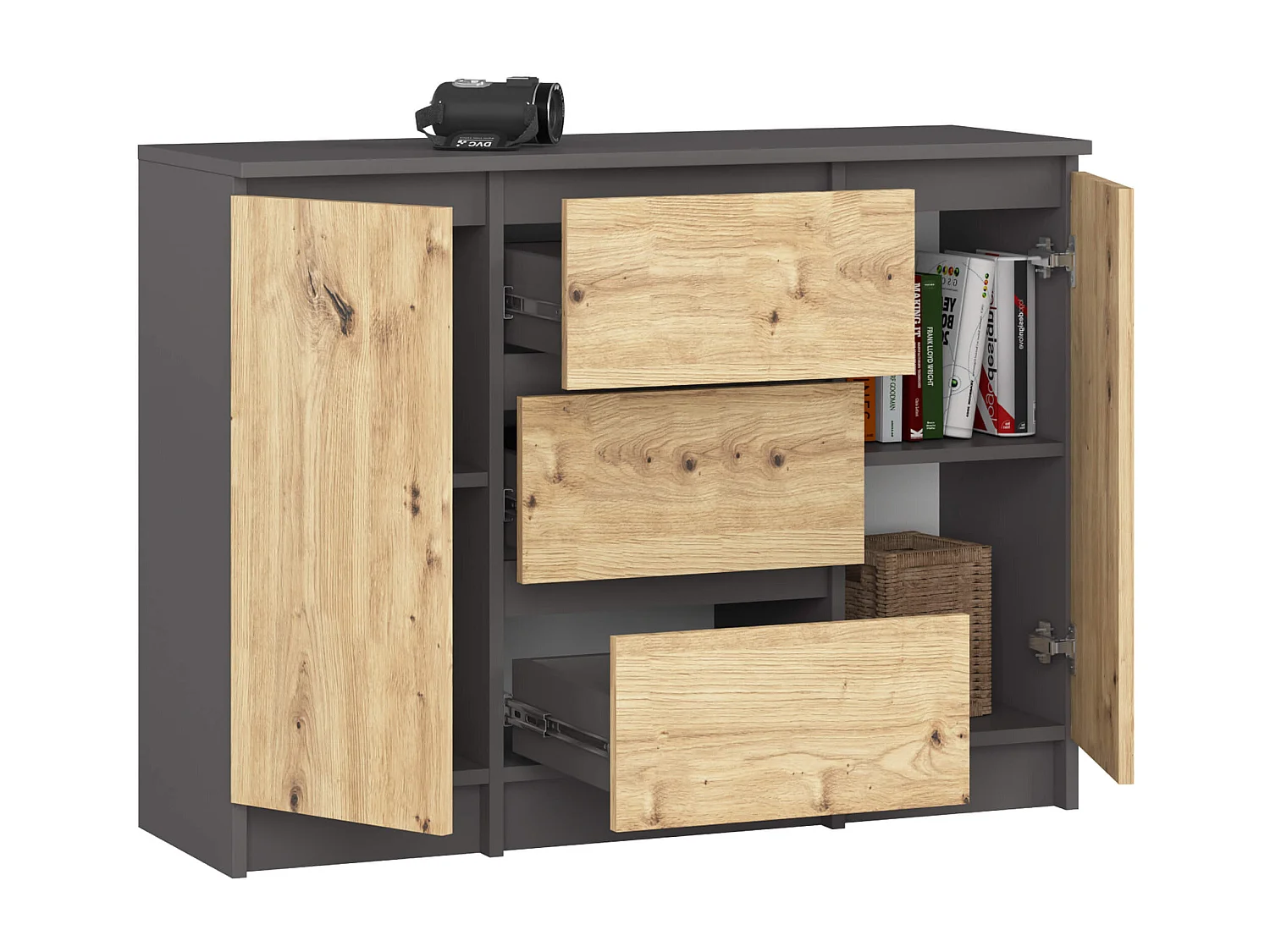 Commode AKORD K100 Gris Graphite 101 cm 2 portes 3 tiroirs façade Chêne Artisan 4 étagères 101x35x76 cm