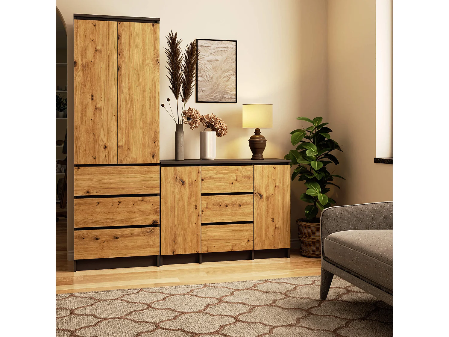 Commode AKORD K100 Gris Graphite 101 cm 2 portes 3 tiroirs façade Chêne Artisan 4 étagères 101x35x76 cm