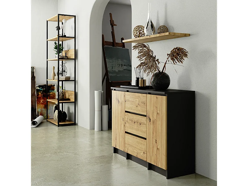 Ladekast K100 met 3 Lades en 2 Deuren / AKORD Furniture Factory / Grafietgrijs - Artisan Eik / 101 x 76 x 35 cm