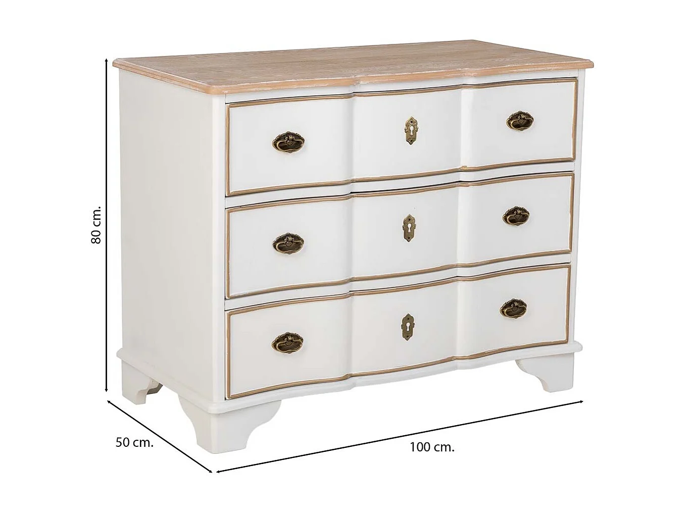Cómoda em madeira branca com 3 gavetas, 100x50x80h cm