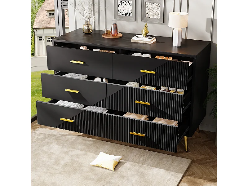 Moderne ladekast met 6 laden - 120 x 40 x 75 cm - gouden poten - driedimensionale deuren - MDF + metaal - zwart