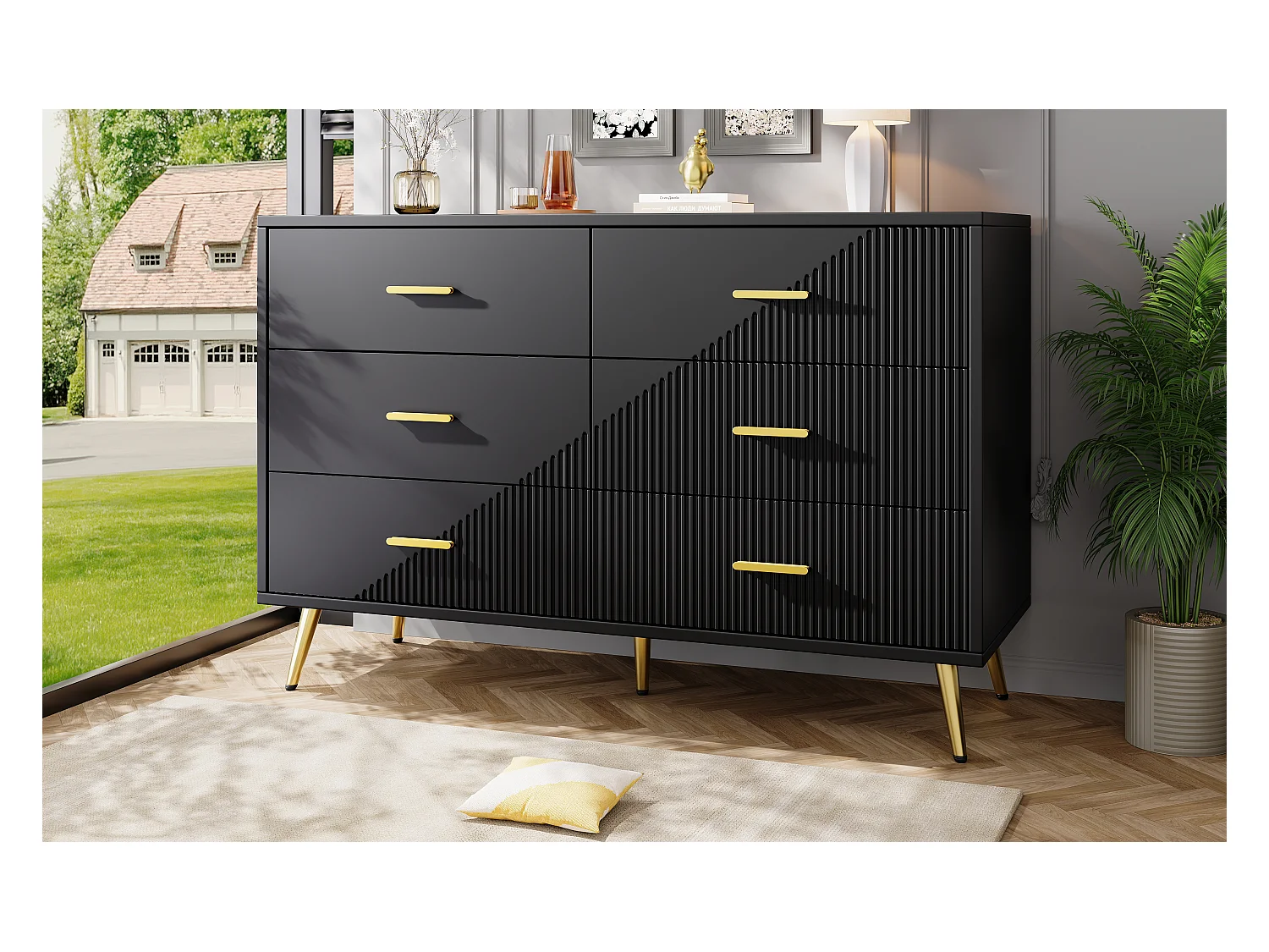 Commode moderne à 6 tiroirs - 120 x 40 x 75 cm - pieds dorés - portes tridimensionnelles - MDF + Métal - noir