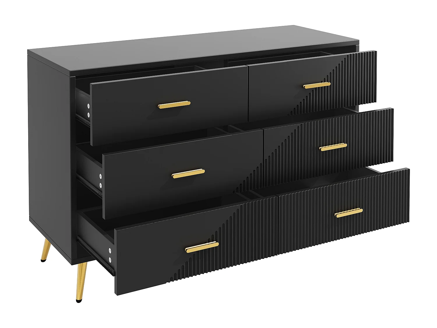 Commode moderne à 6 tiroirs - 120 x 40 x 75 cm - pieds dorés - portes tridimensionnelles - MDF + Métal - noir