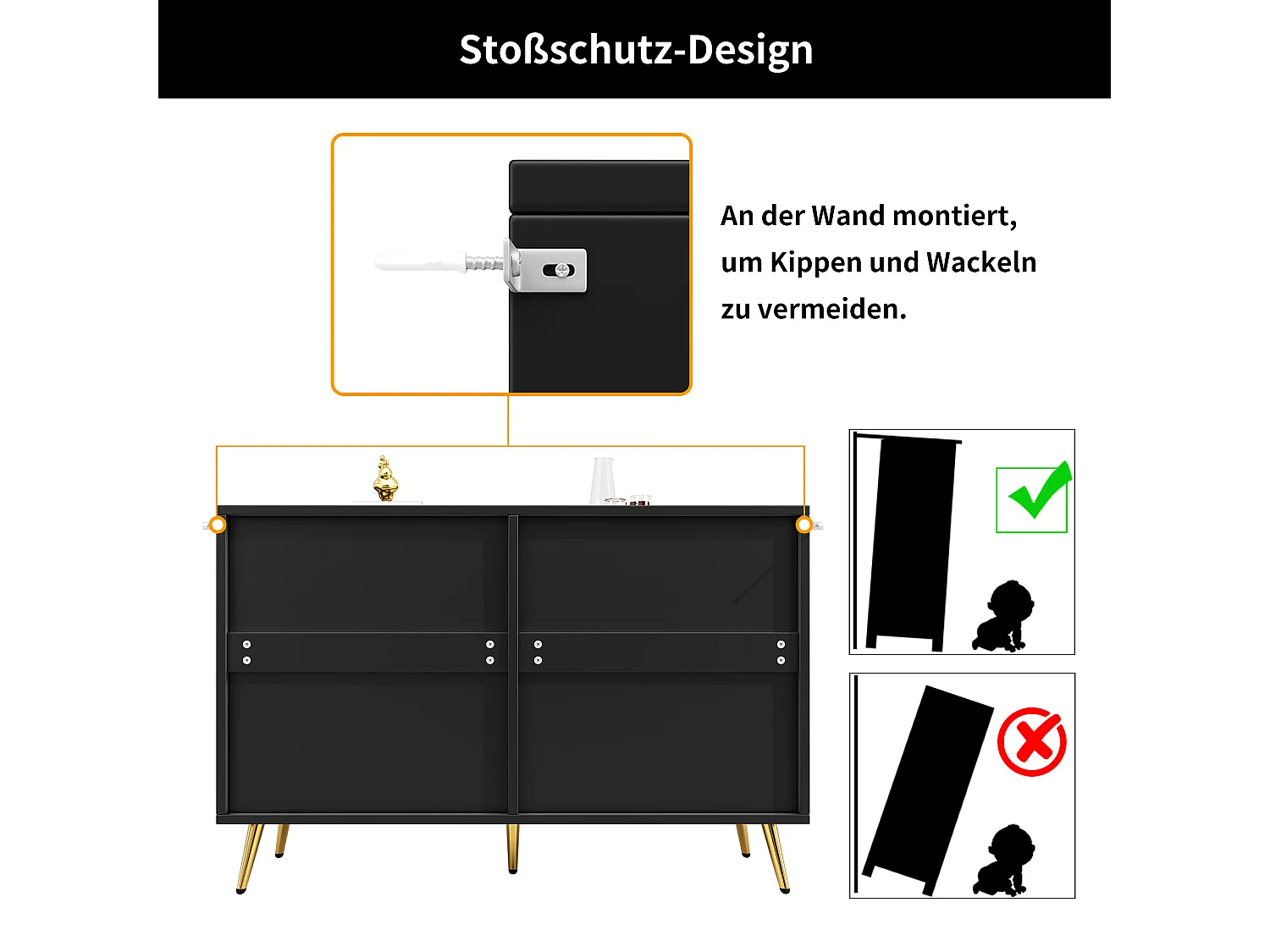 Commode moderne à 6 tiroirs - 120 x 40 x 75 cm - pieds dorés - portes tridimensionnelles - MDF + Métal - noir
