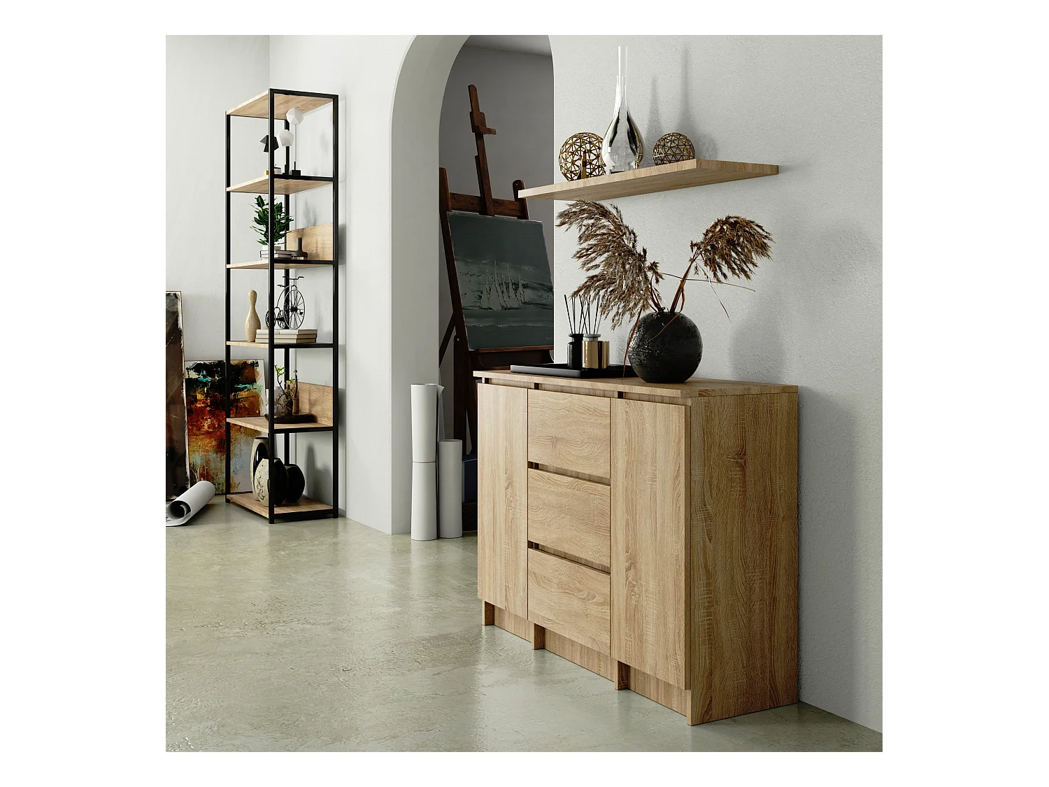 Commode AKORD K100 Chêne Sonoma 101 cm 2 portes 3 tiroirs façade Chêne Sonoma 4 étagères 101x35x76 cm