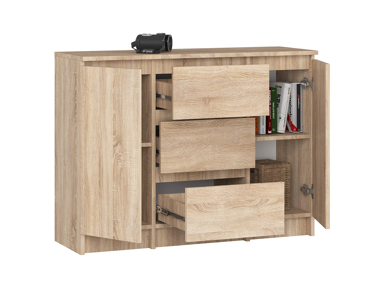 Commode AKORD K100 Chêne Sonoma 101 cm 2 portes 3 tiroirs façade Chêne Sonoma 4 étagères 101x35x76 cm