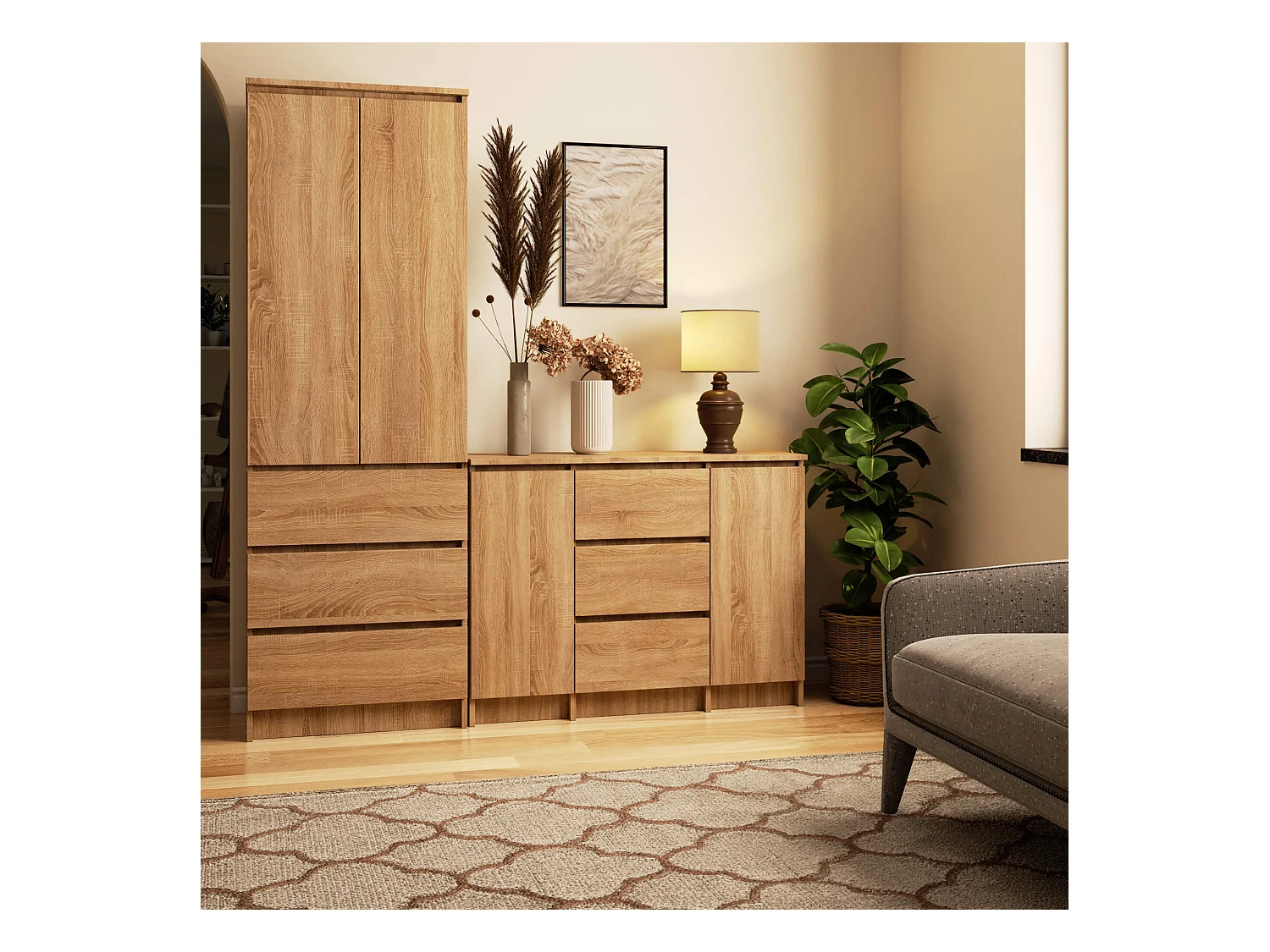 Commode AKORD K100 Chêne Sonoma 101 cm 2 portes 3 tiroirs façade Chêne Sonoma 4 étagères 101x35x76 cm