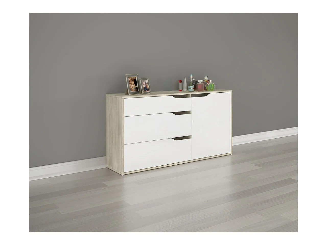 Comò per camera da letto moderna con tre cassetti CI3042 120x71 bianco e rovere chiaro