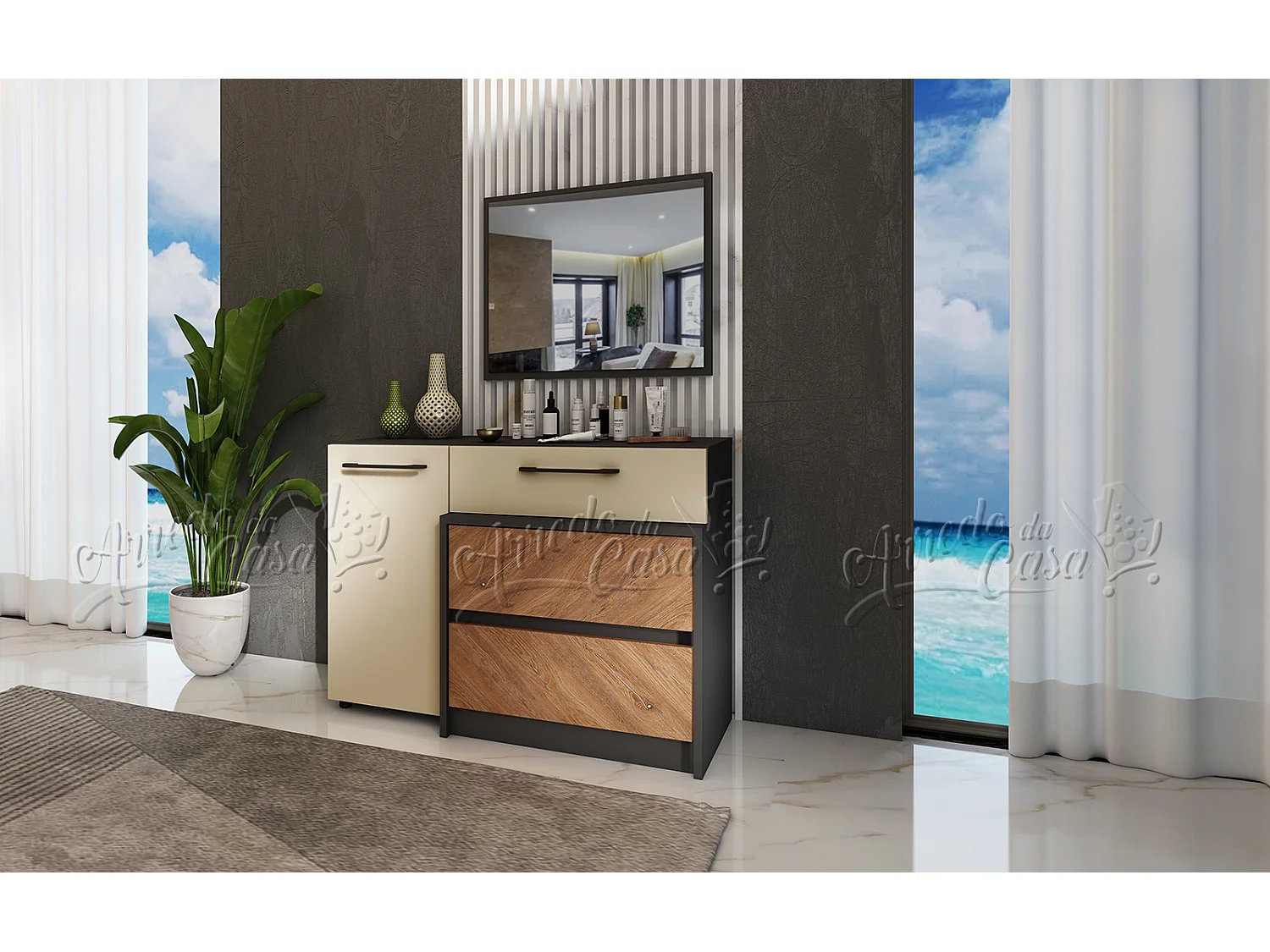 Comò moderno con specchio 165x75 cm beige, noce e nero CU43