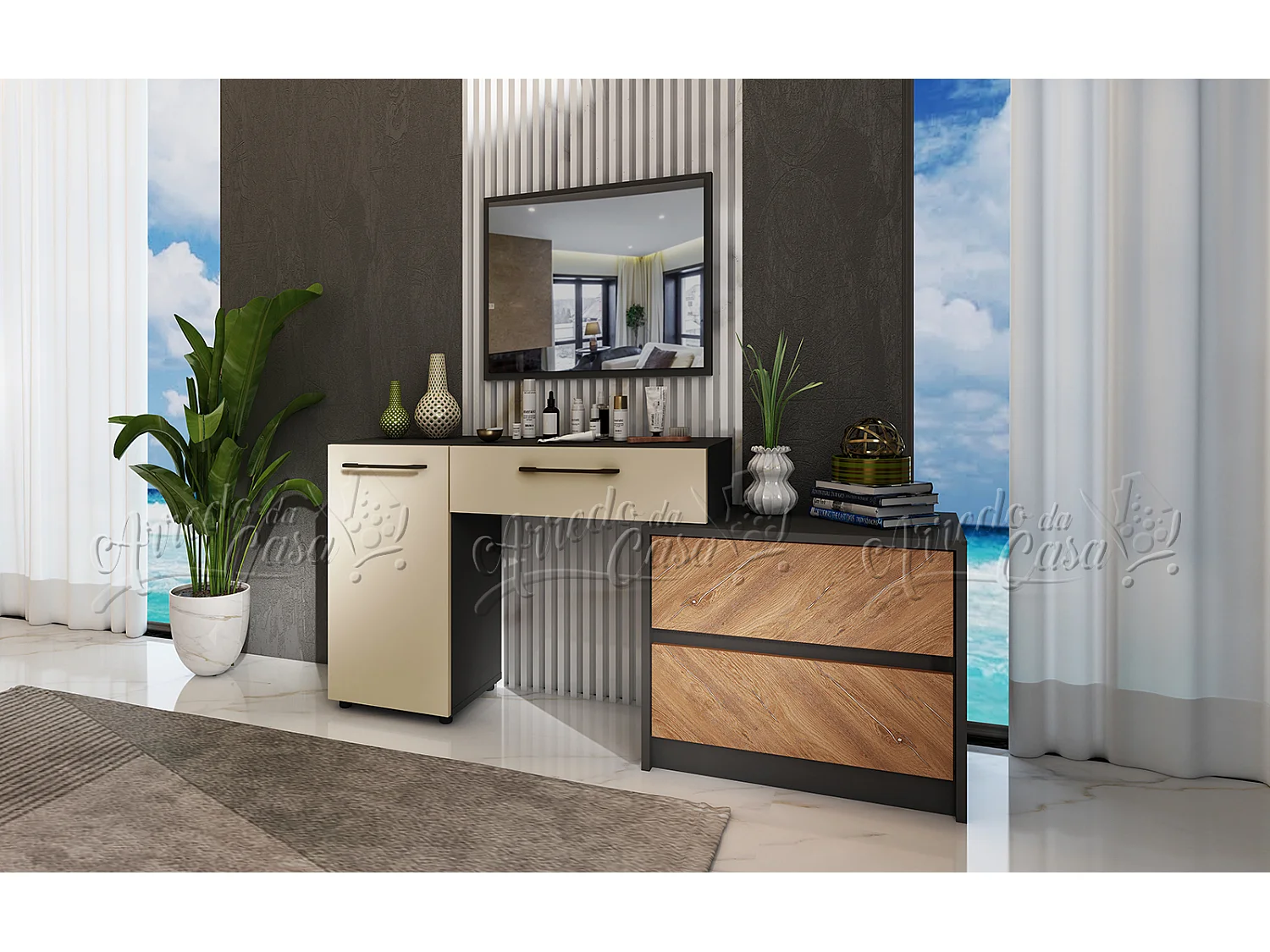 Comò moderno con specchio 165x75 cm beige, noce e nero CU43