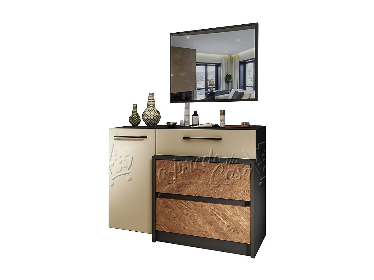 Comò moderno con specchio 165x75 cm beige, noce e nero CU43
