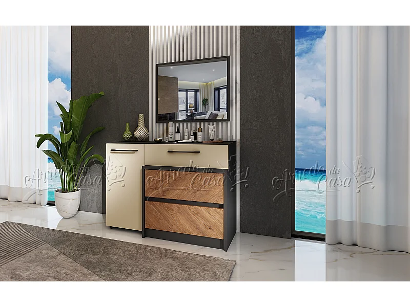 Comò moderno con specchio 165x75 cm beige, noce e nero CU43