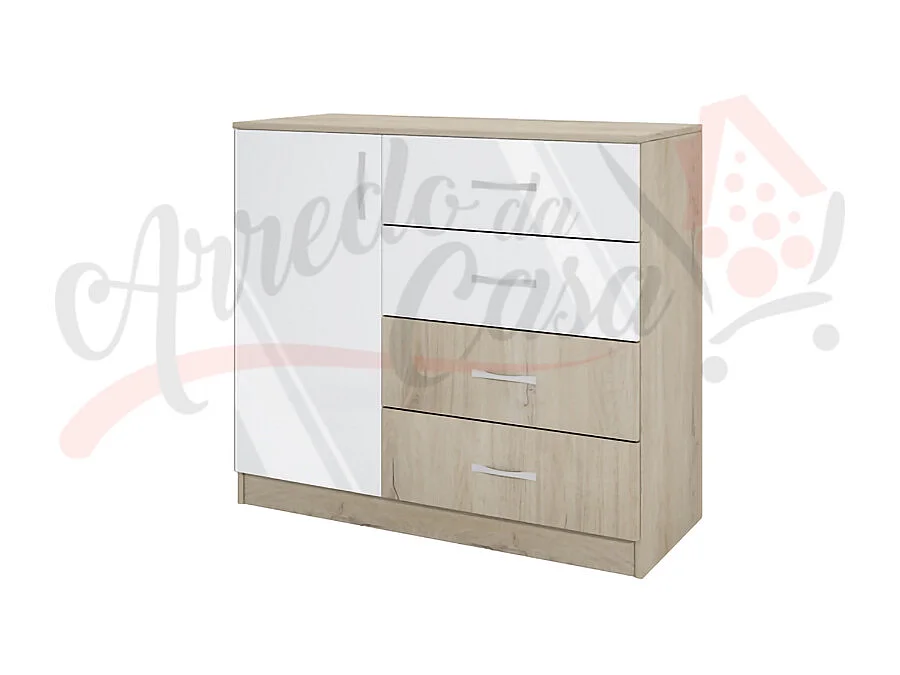 Comò per cameretta con anta e cassetti CI3008 100x91 rovere e bianco lucido