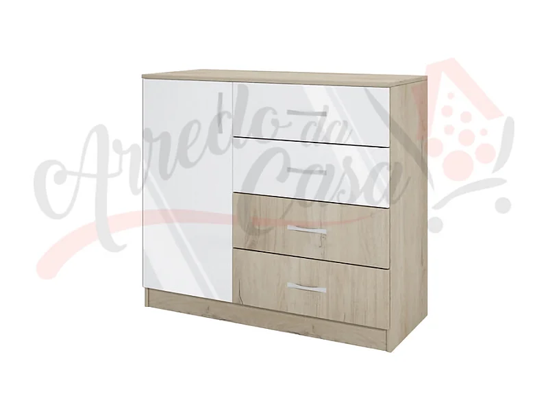 Comò per cameretta con anta e cassetti CI3008 100x91 rovere e bianco lucido