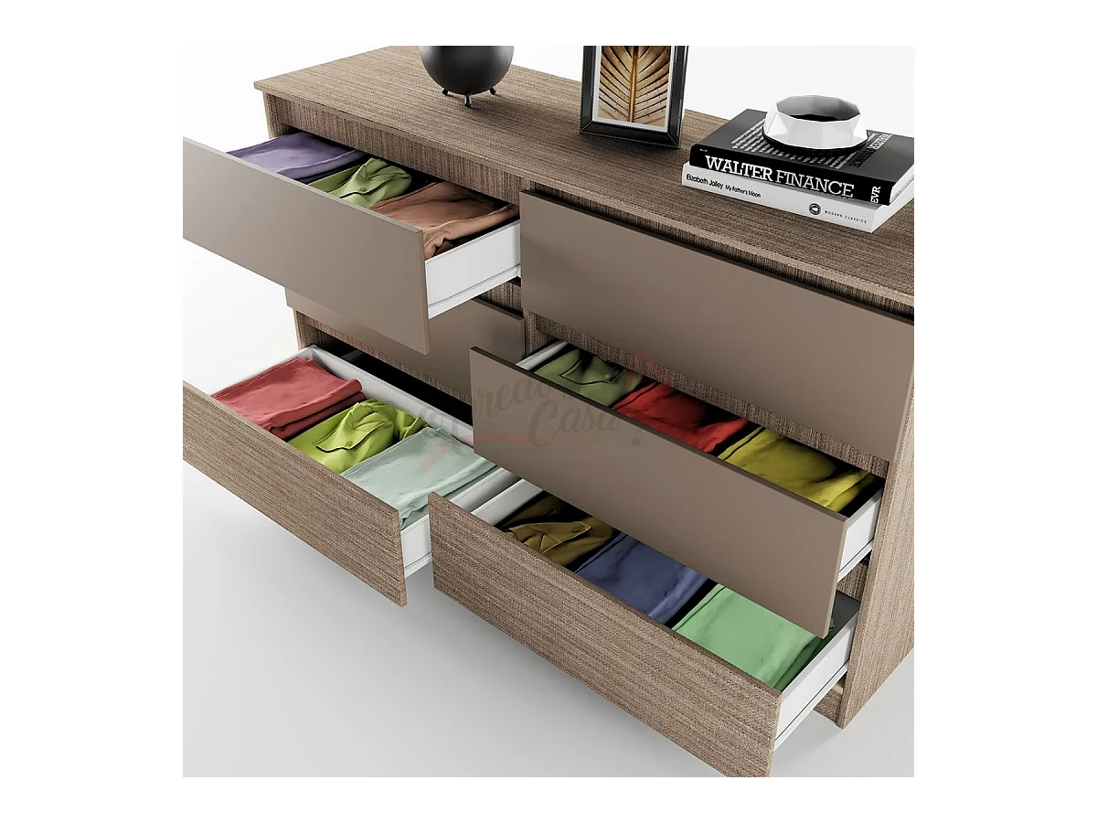 Comò spazioso da camera da notte design moderno con sei cassetti 158x91 beige scuro e lino CI26