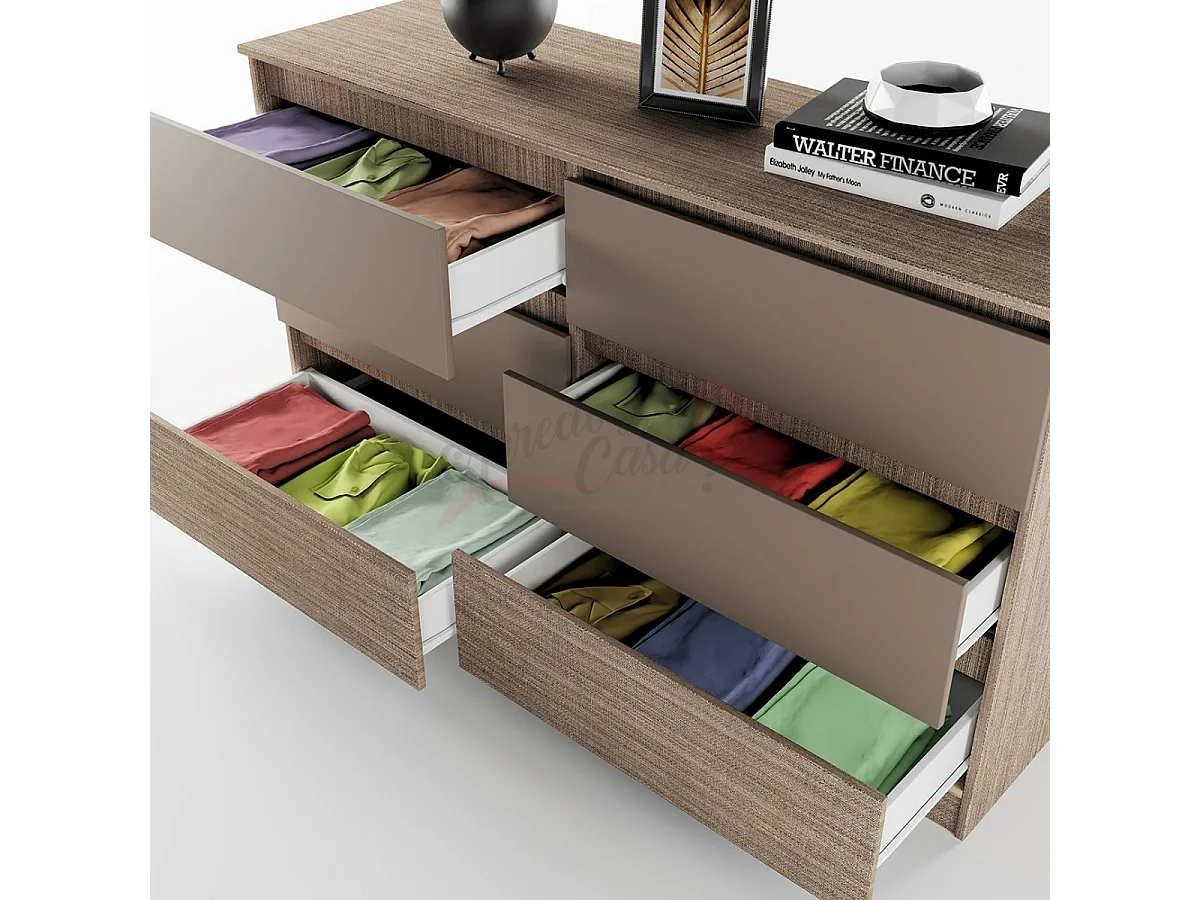 Comò spazioso da camera da notte design moderno con sei cassetti 158x91 beige scuro e lino CI26