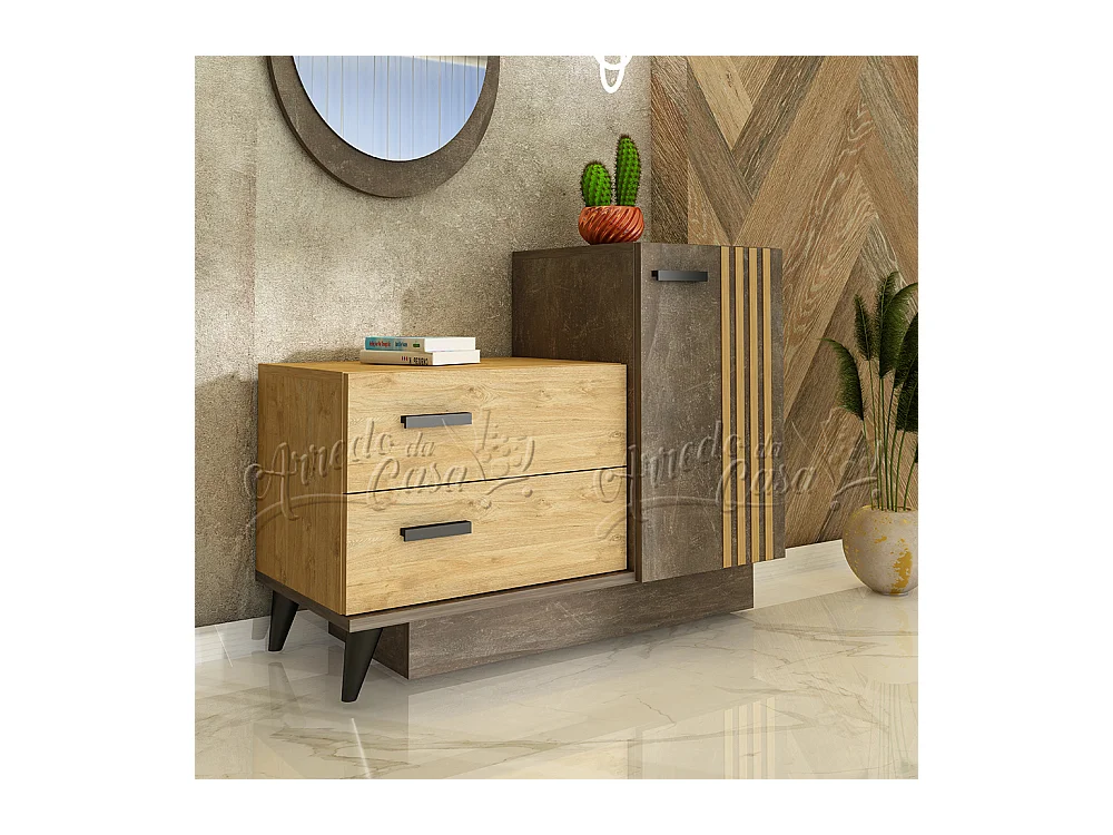 Comò da camera da letto con specchio e un'anta 100x81 quercia dorata e cemento CU38