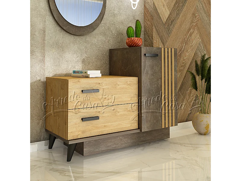 Comò da camera da letto con specchio e un'anta 100x81 quercia dorata e cemento CU38